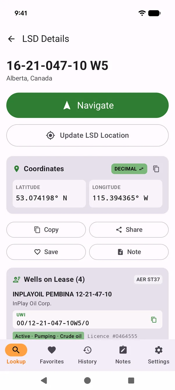 WellPad app showing LSD details with coordinates and a Navigate button